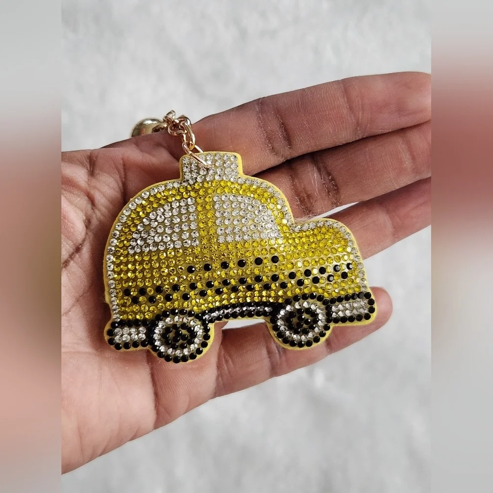 Yellow Taxi Rhinestone Car Keychain Bag Charm
